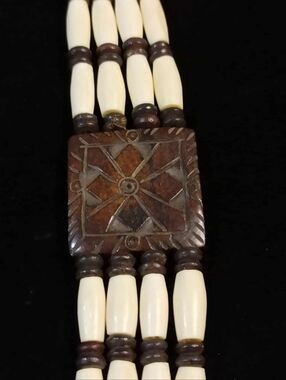 Vintage Carved Wood Bone Bead Bracelet Tribal Geometric Panel Statement Boho